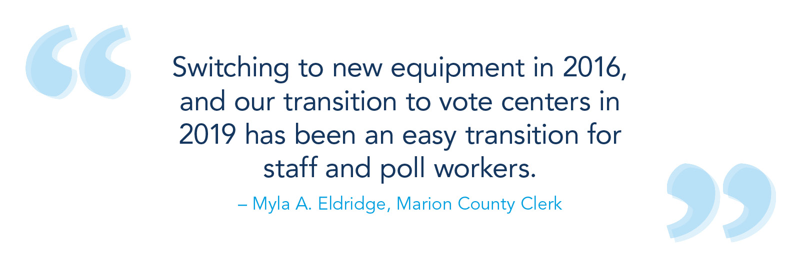 我们在2016年切换到新设备，并在2019年切换到投票中心，对工作人员和投票工作人员来说都是一个轻松的过渡。-玛拉·a·埃尔德里奇，马里昂县职员
