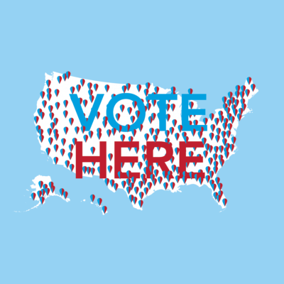 插图:美国地图，有许多代表投票站的红蓝大头针，上面印有“在此投票”的字样。